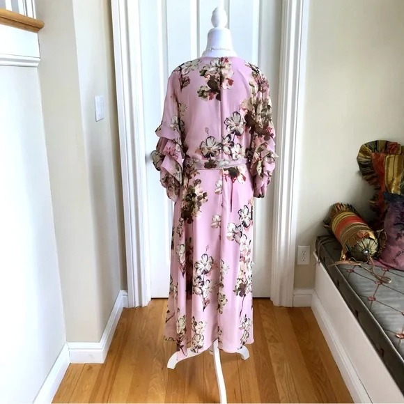Gabby Skye Midi Dress in Pink Floral with Sharkbite Hem & Ruffled Sleeves (16) - Picture 4 of 8